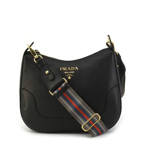 prada black vitello phenix leather web stripe strap crossbody